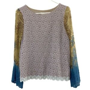 Sundance Suzette Lace & Colorful Printed Silk Sleeve Mixed Media Blouse - Small